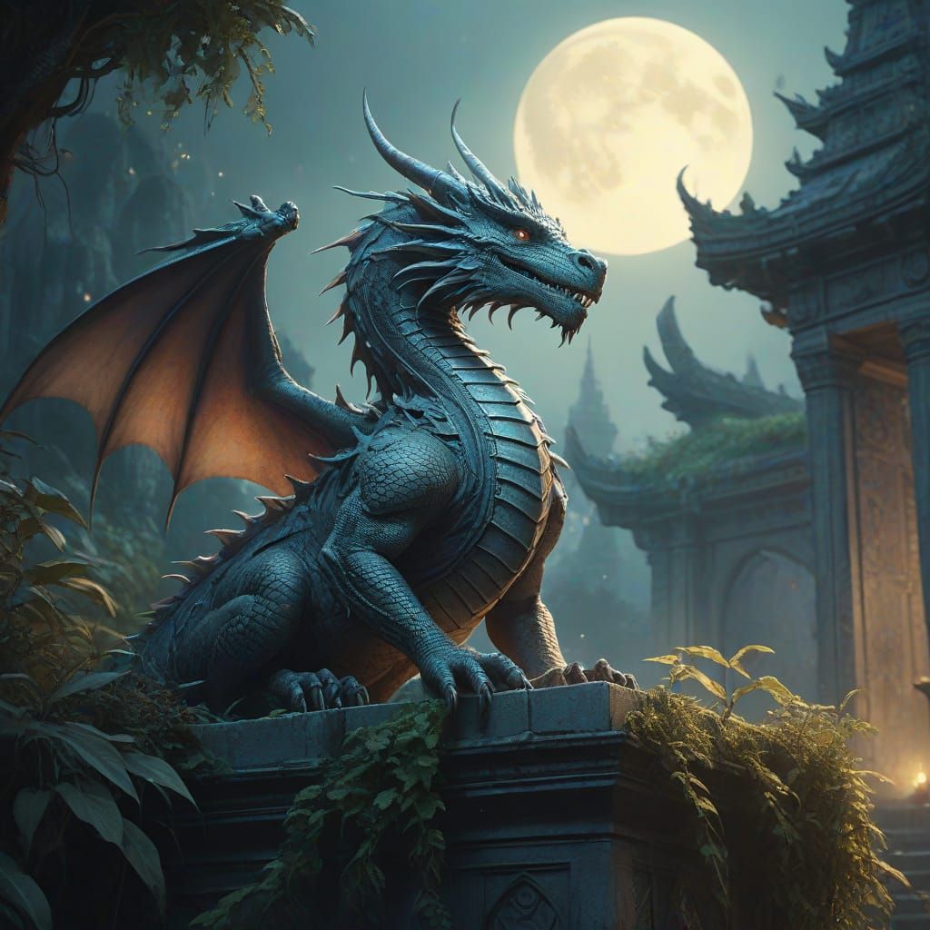 Dragon Perched on Temple in Watercolor Style