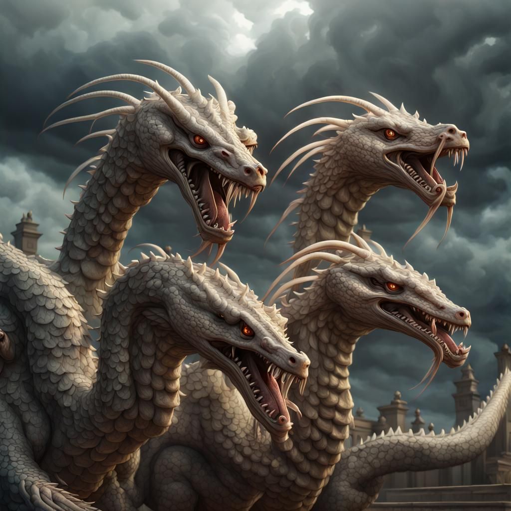 Four-Headed Hydra Roaring in Biopunk Fantasycore Style