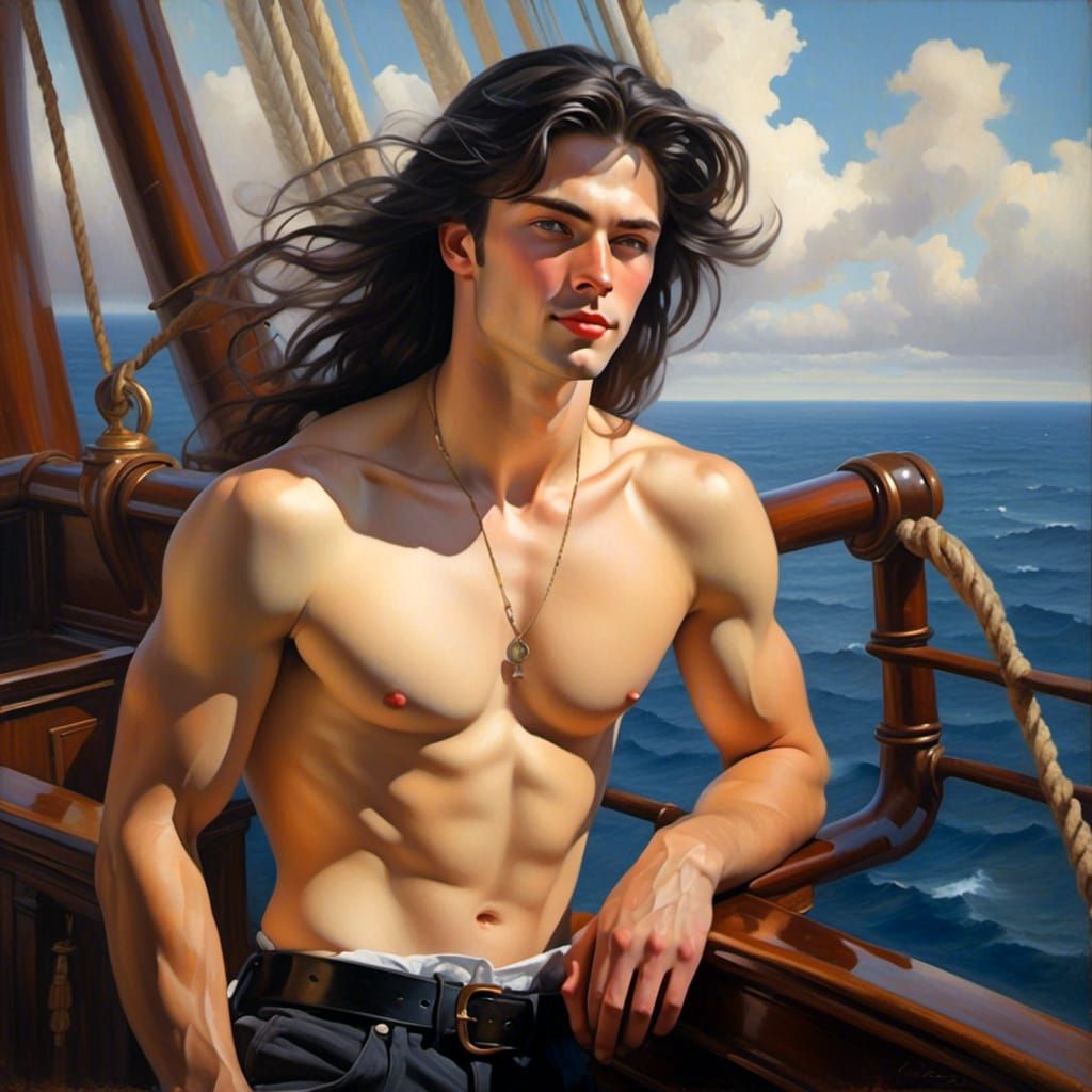 Handsome Man with Long Hair on Ship