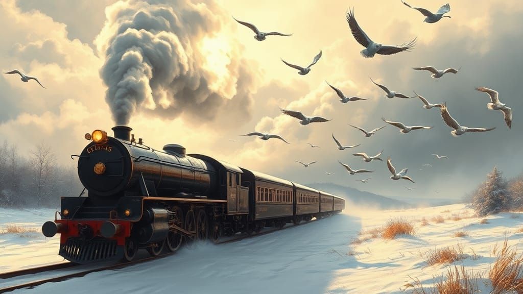 Majestic steam train, The Polar Express, its brass fixtures glinting in the pale winter sun, chugs through a snow-covere...