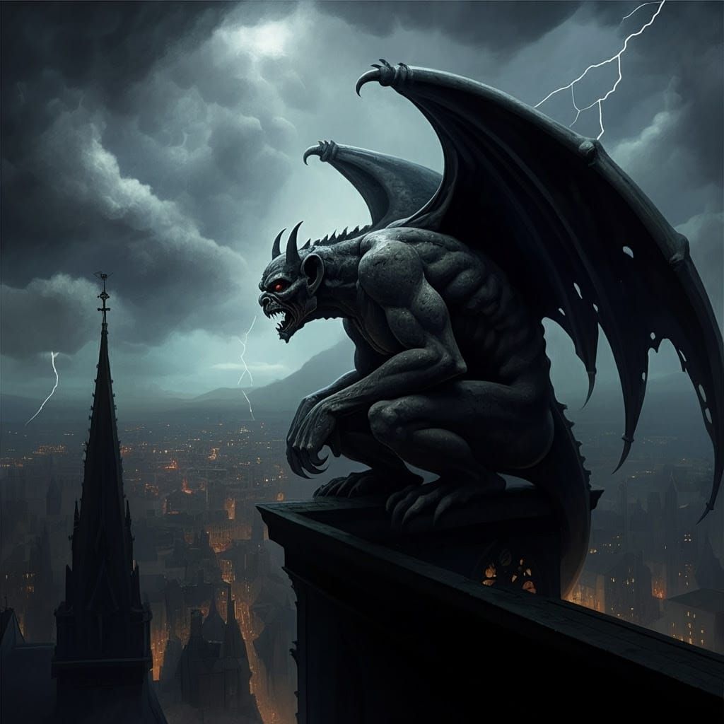 Gothic Gargoyle Emerges from Ominous Clouds