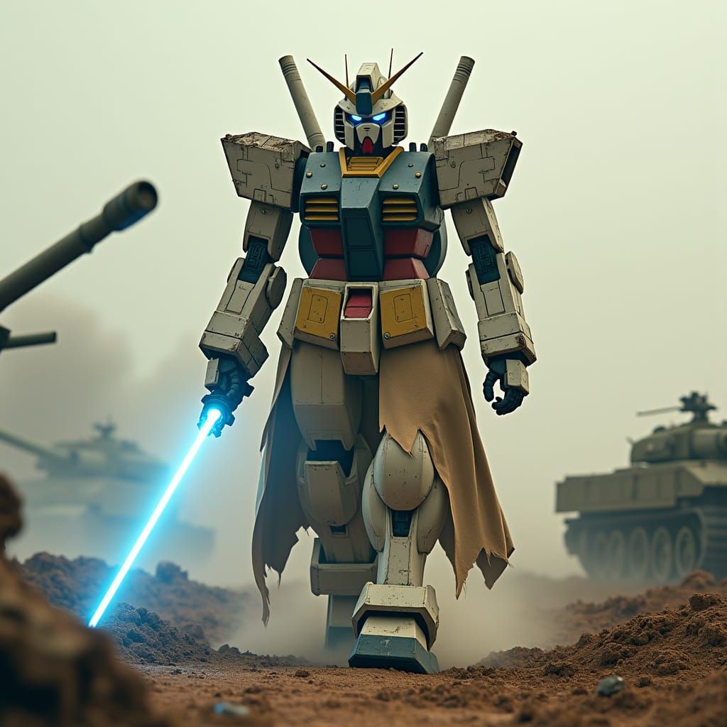 Gundam in War-Torn Landscape with Blue Lightsaber
