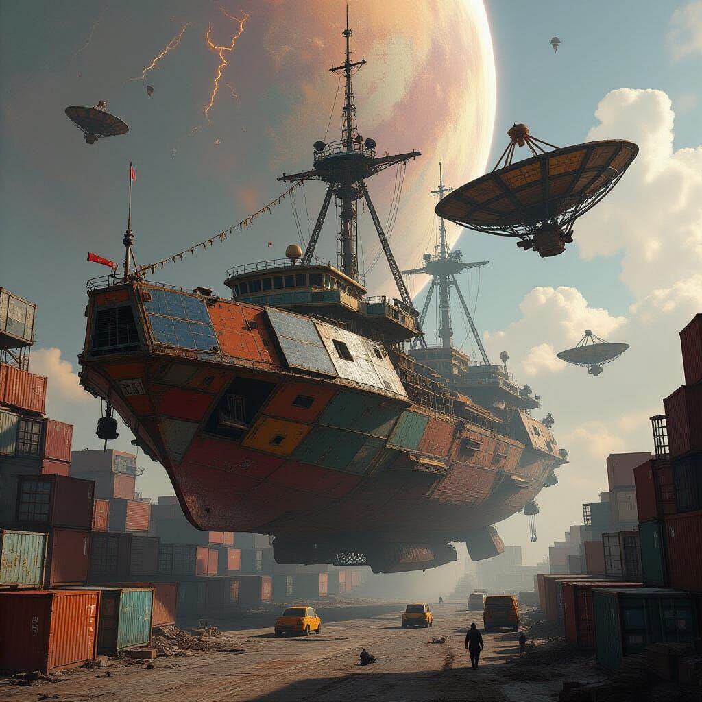 Massive Junk-Rigged Mantis Ship Docked at Space Station