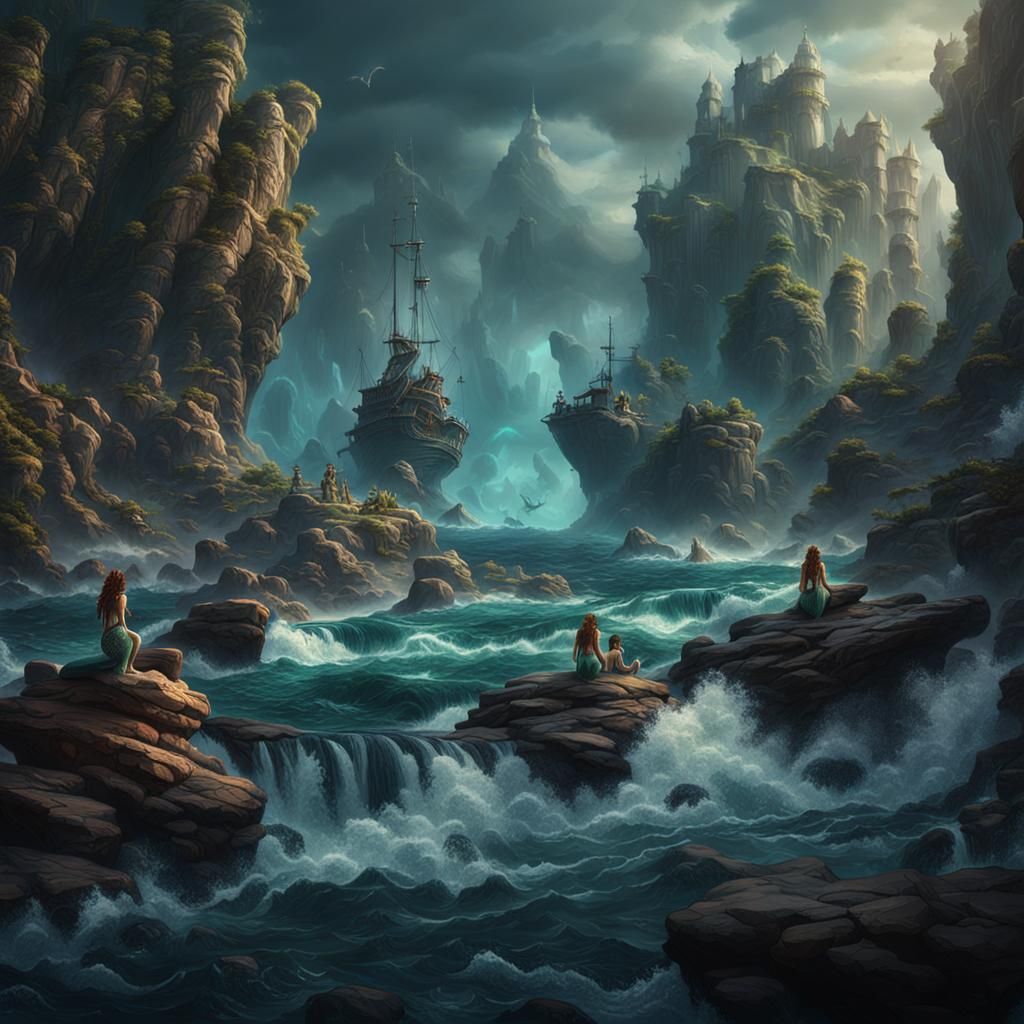 Mermaids in Treacherous Waters: Detailed Fantasy Art