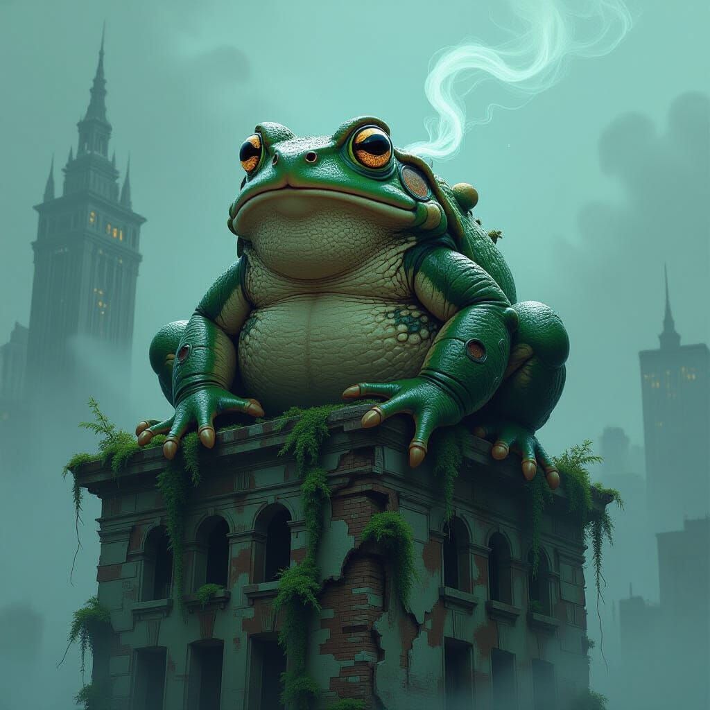 Ancient Fungal Toad on Skyscraper in Impressionist Style
