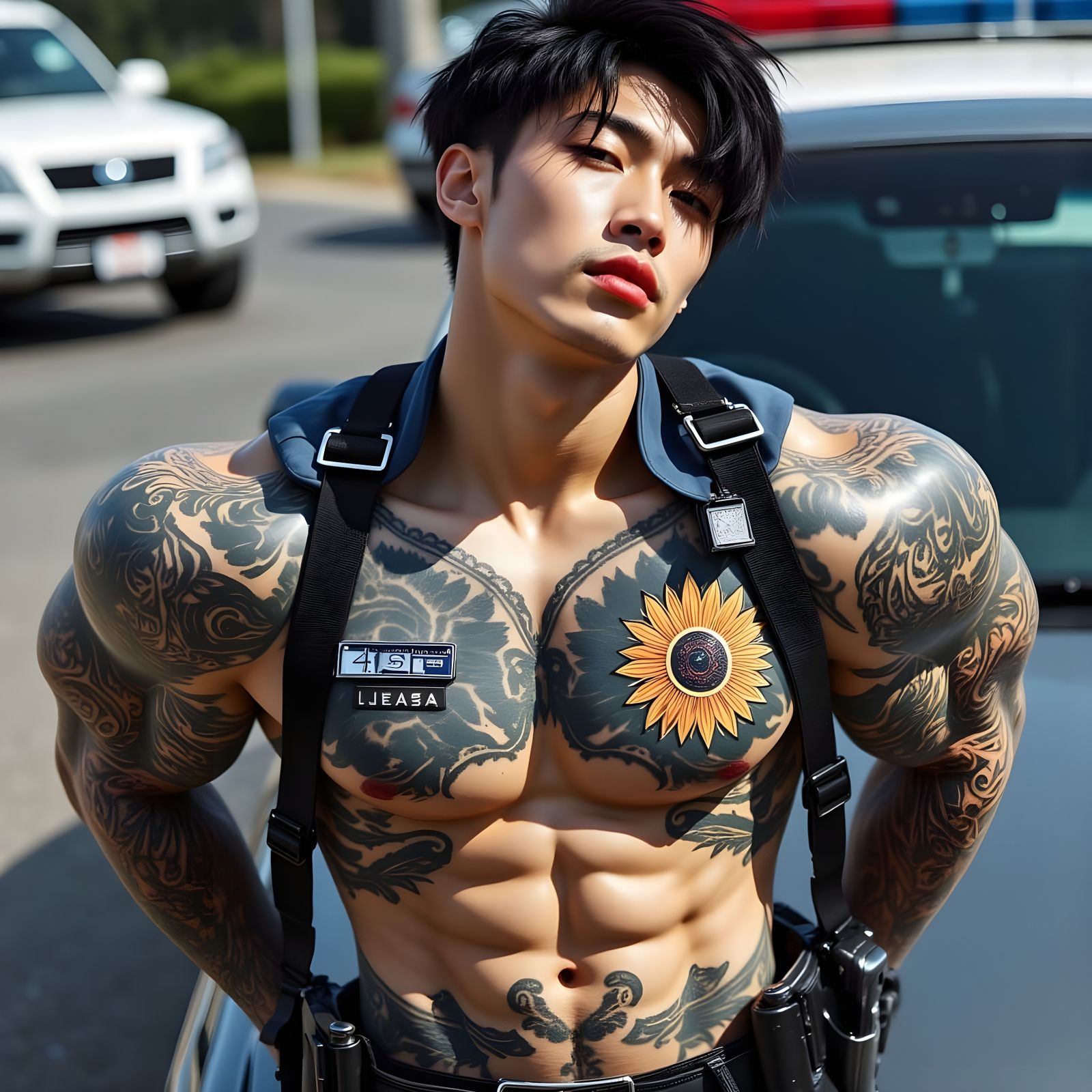 Muscular Tattooed Man in Cyberpunk Style