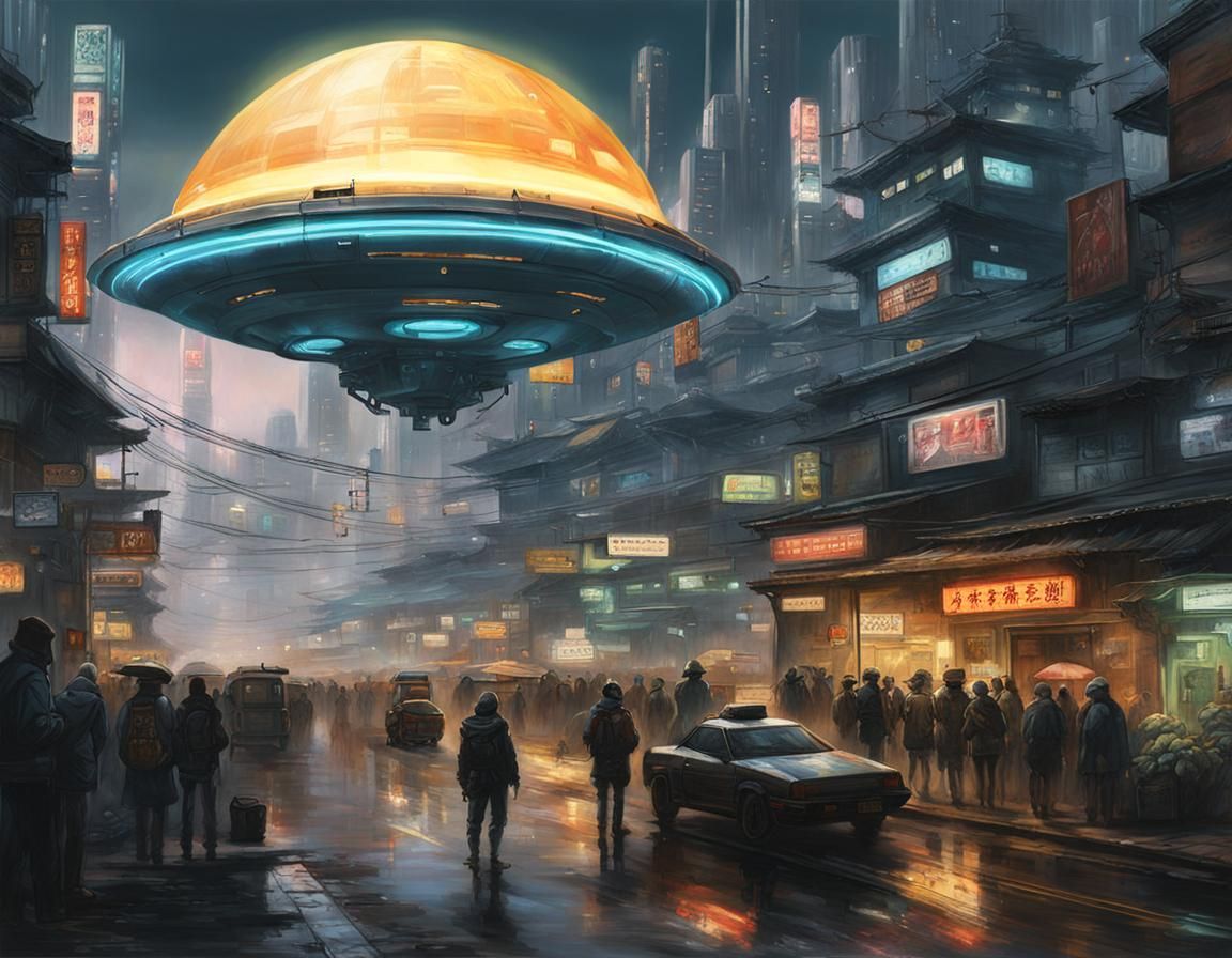 Cyberpunk Cityscape with UFOs in Angura Kei Style