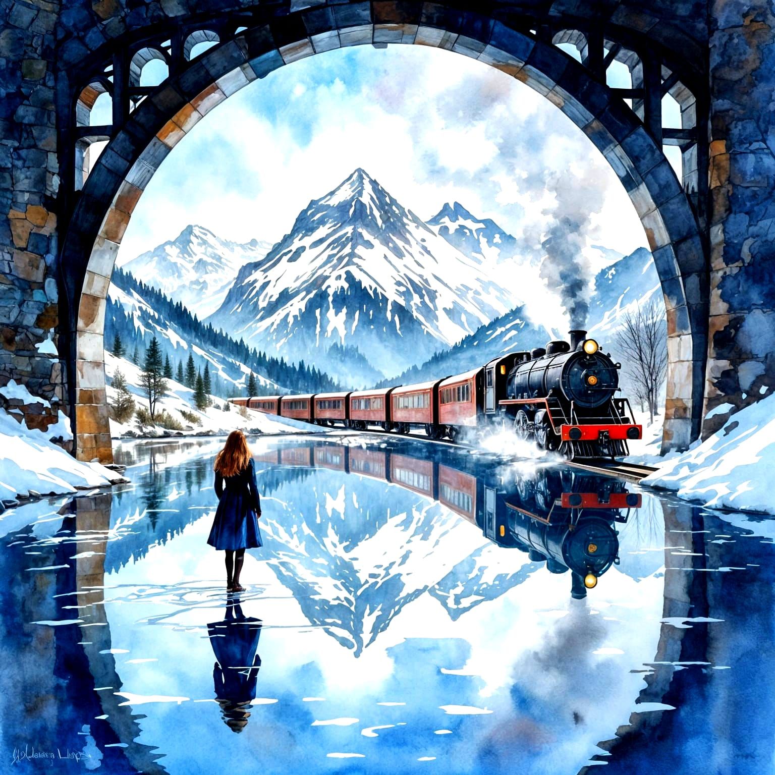 Gothic Bridge Reflection with Steampunk Train in Watercolor