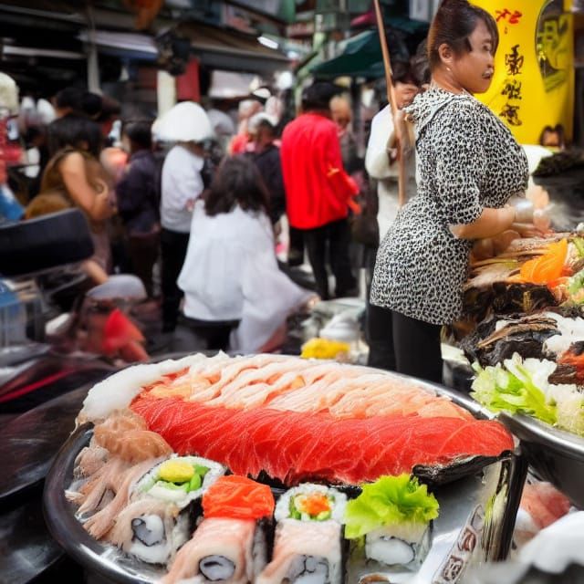 Sushi Goddess Walks Among Fish Market Crowd