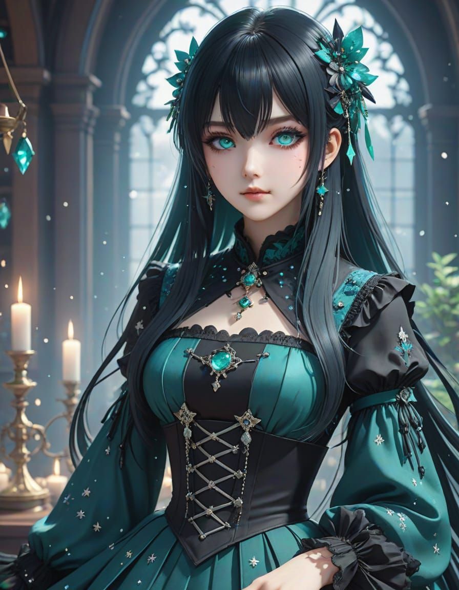 Gothic Lolita Princess in Dreamy Emerald Atmosphere