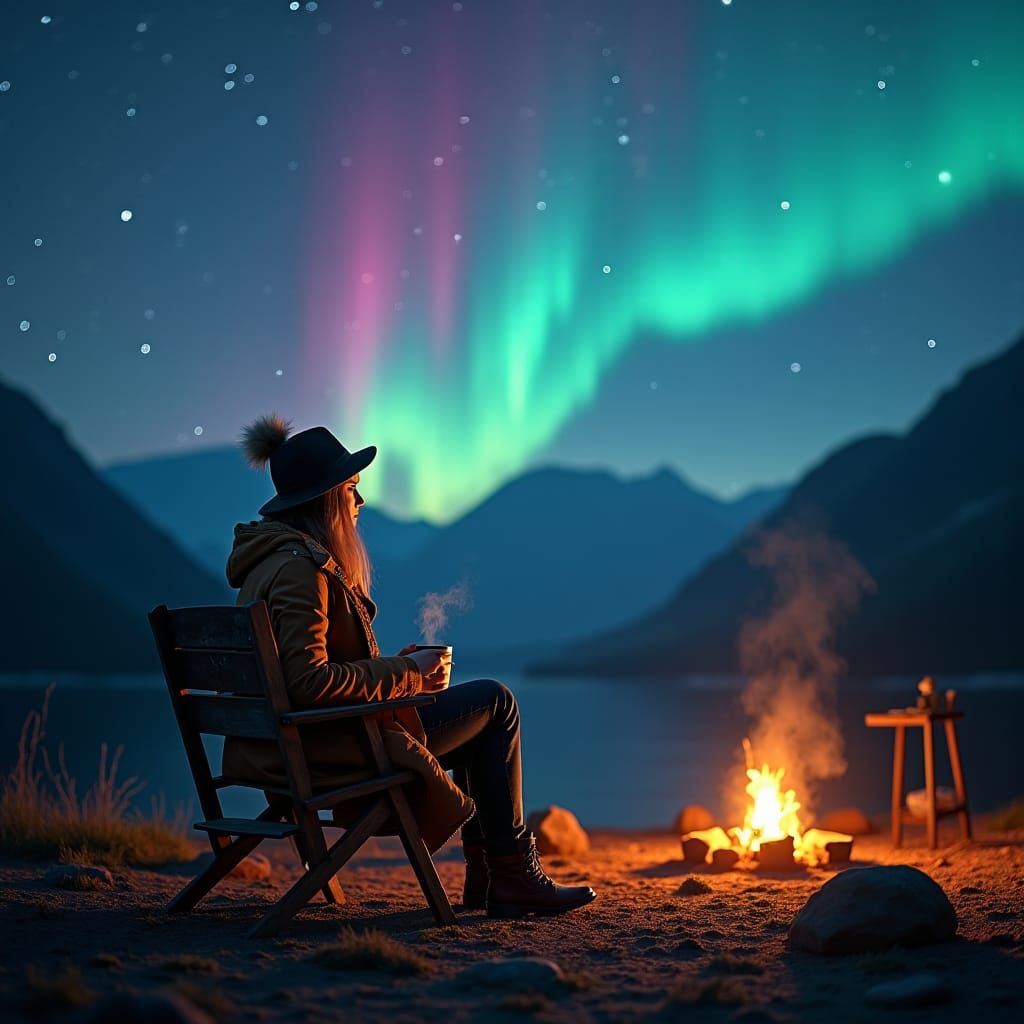 Woman Camping Under Northern Lights, Dreamlike Illustration