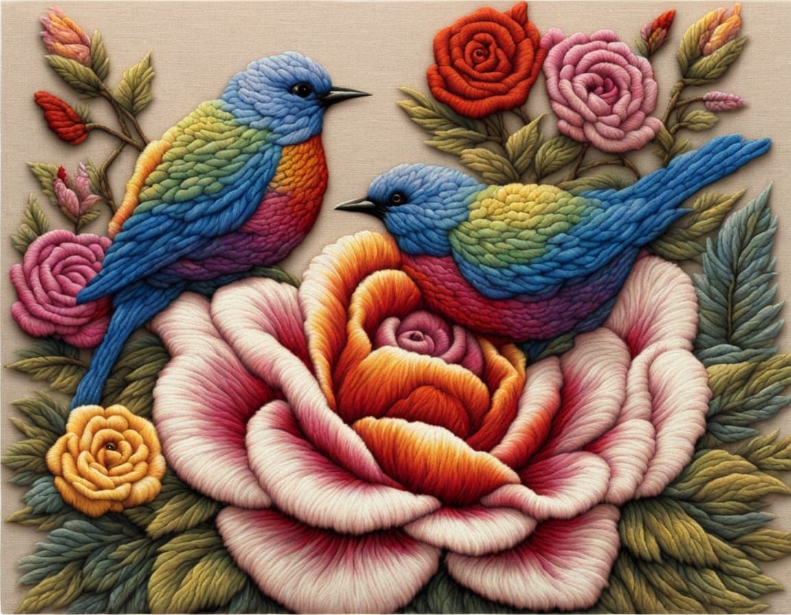 Rose and Birds in 3D Embroidery with Rainbow