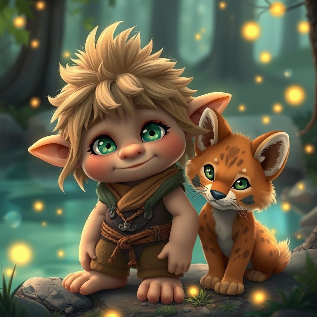 Playful Forest Troll with Lynx Cub: 3D Fantasy Art