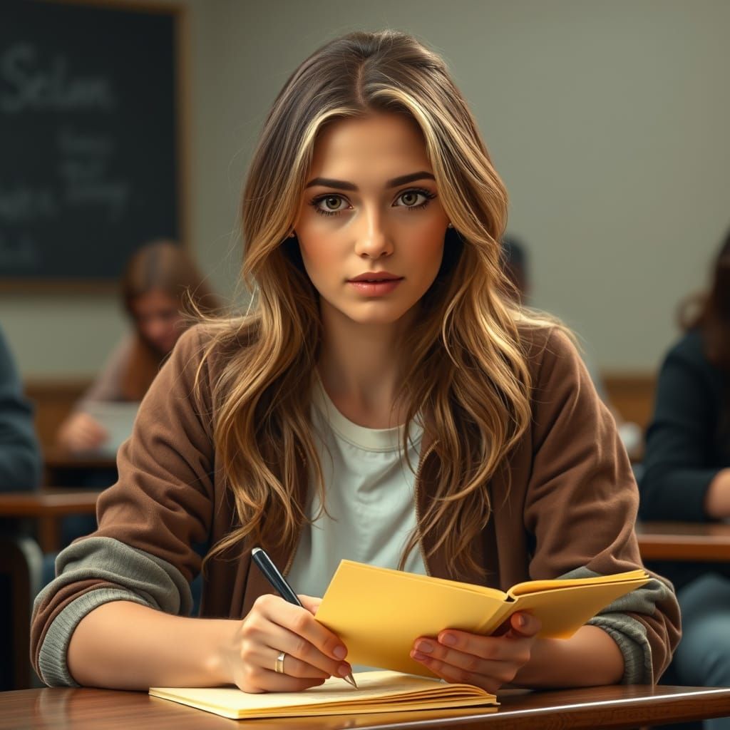 Realistic Woman Taking Notes in Photorealistic Style
