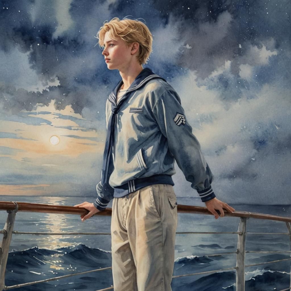 Sailor Boy Gazing at Sea: Romantic Watercolor