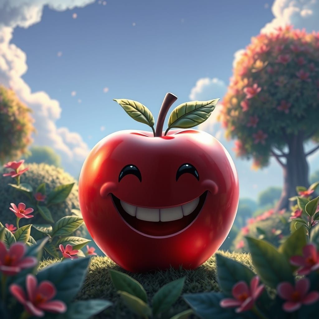 Whimsical Apple in Lush Fantasy Landscape