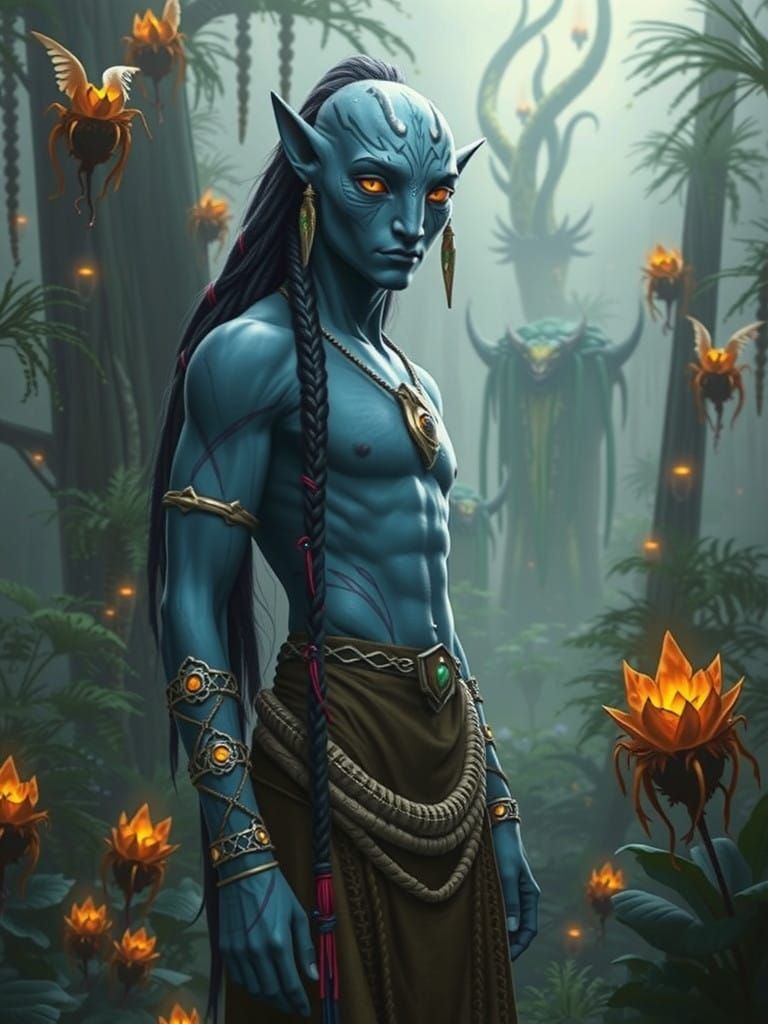 Blue Na'vi Warrior in Shimmering Braid and Golden Eyes