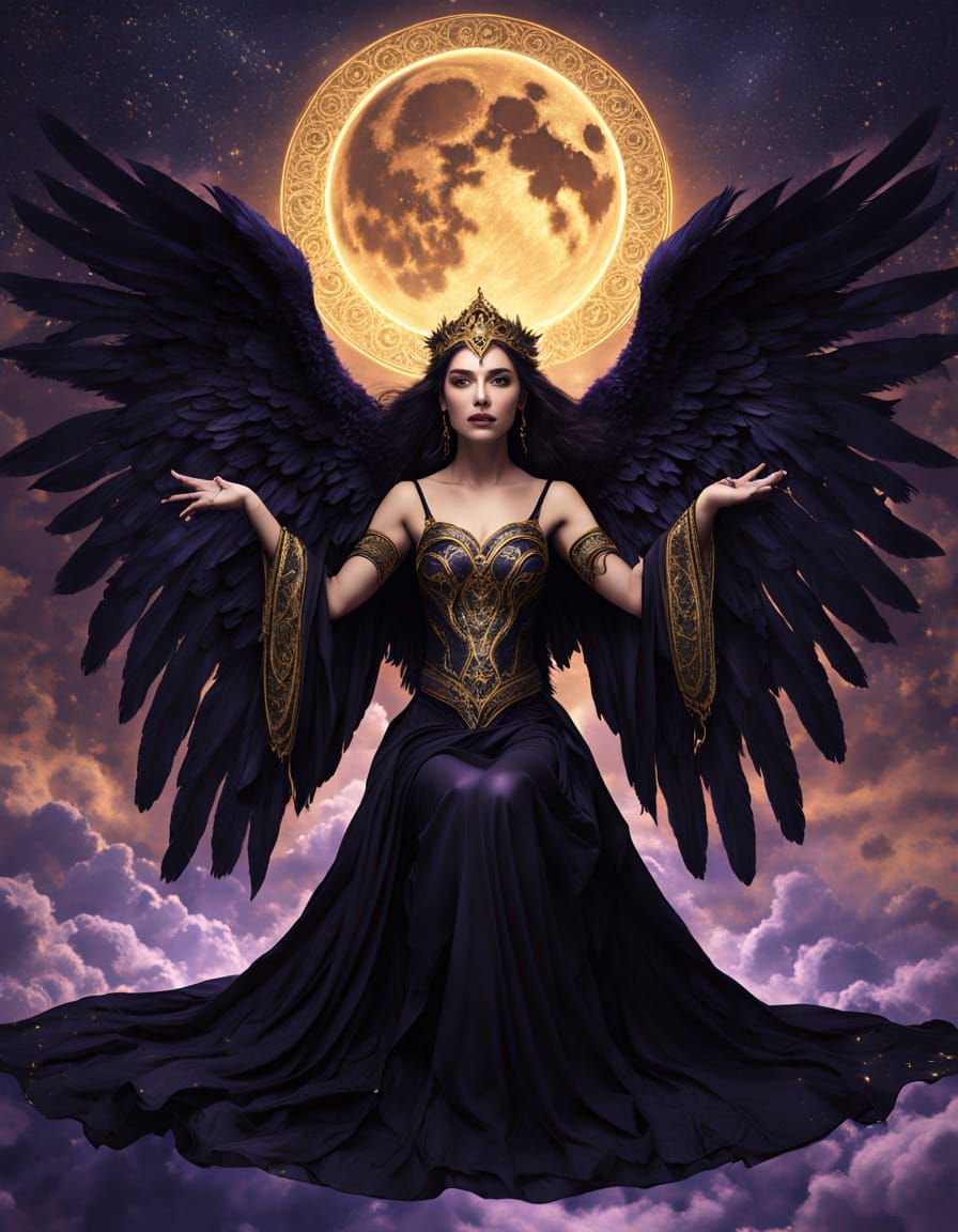 Ethereal Woman with Black Wings on Crescent Moon