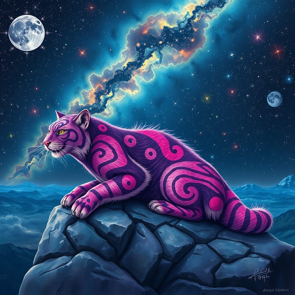 Psychedelic Saber-Toothed Cat Overlooking Prehistoric Landsc...