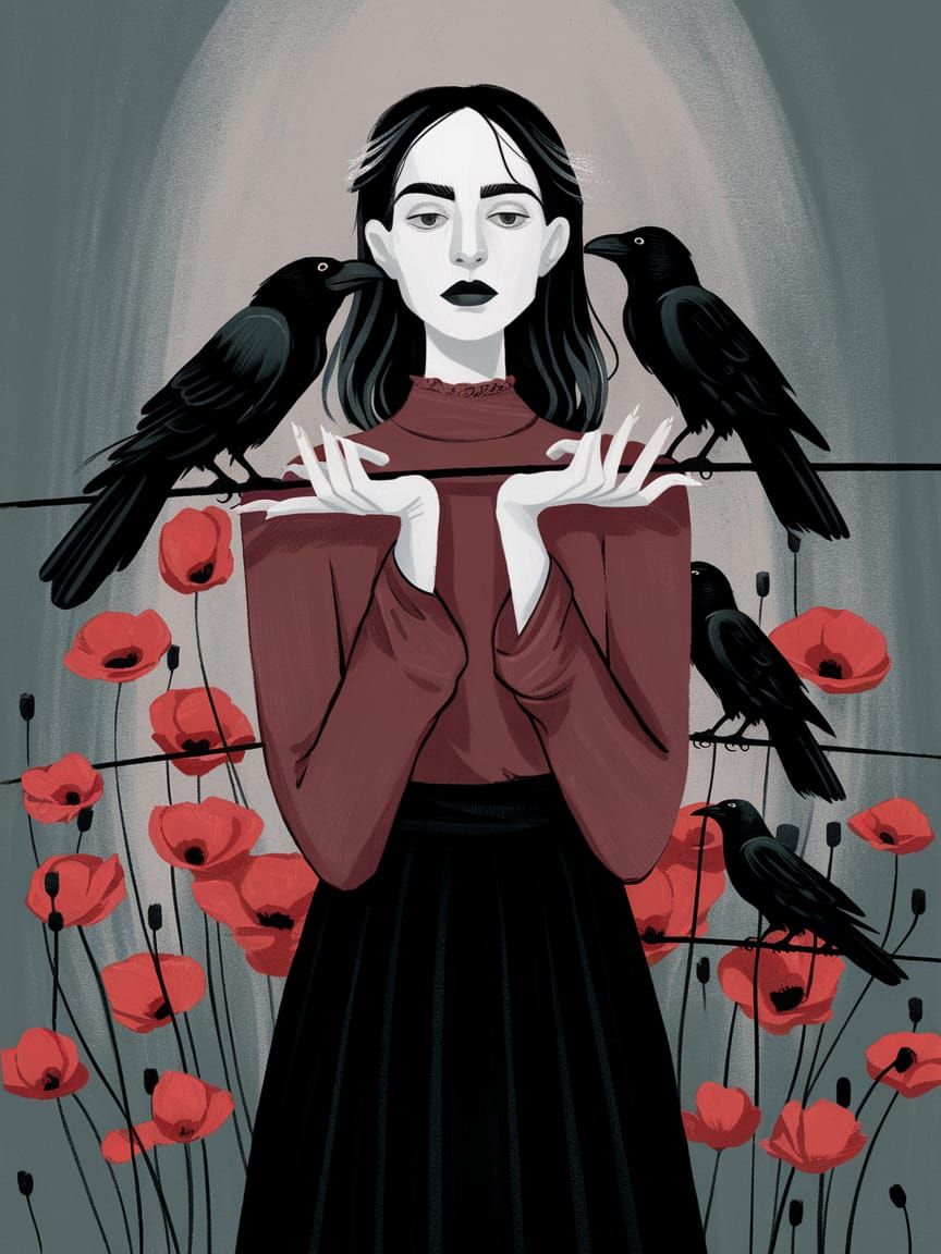 Gothic Woman with Crows and Red Poppies