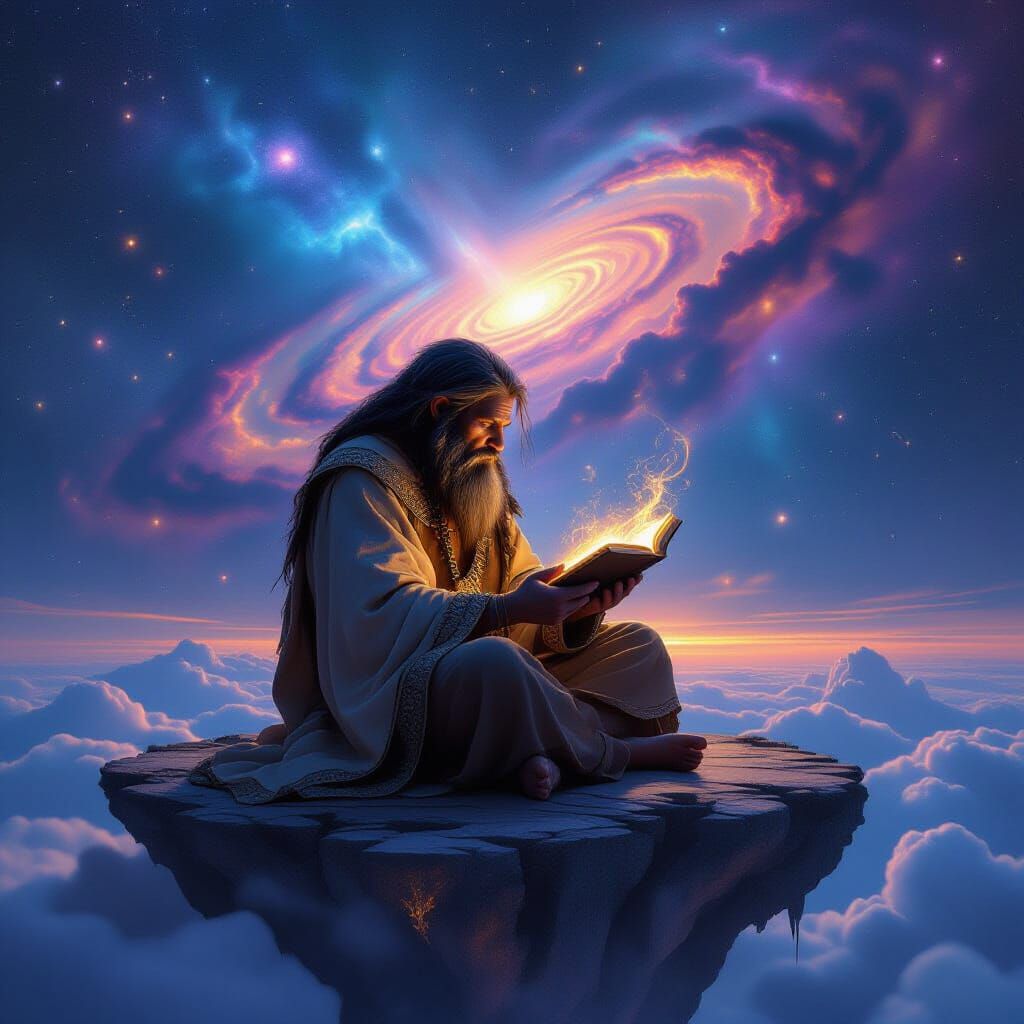 Neandertal Scholar on Celestial Island Amidst Cosmic Nebula