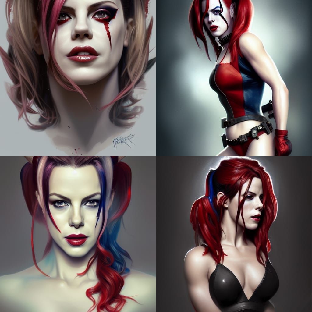 Kate Beckinsale as Harley Quinn head and shoulders portrait, 8k resolution concept art portrait by Greg Rutkowski, Artge...