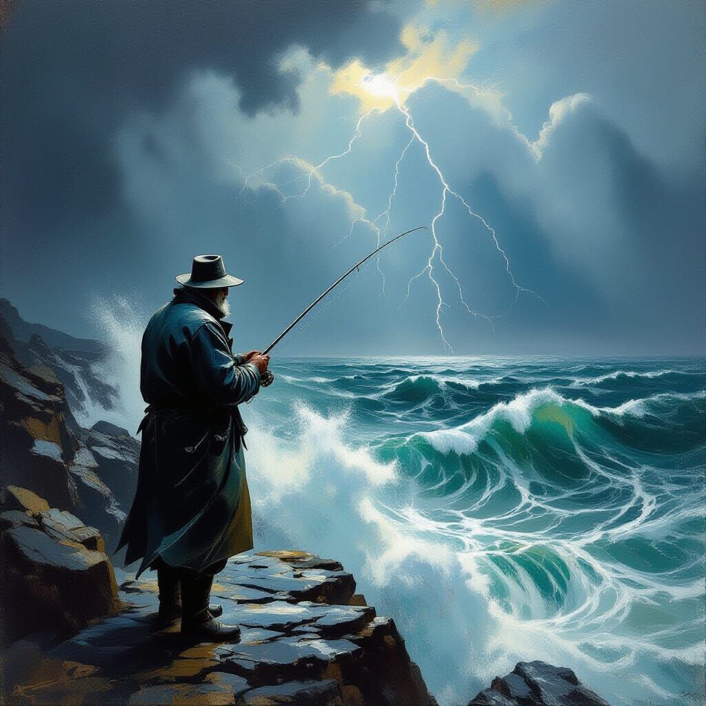 Fisherman Casting Line on Stormy Sea as Impasto Painting