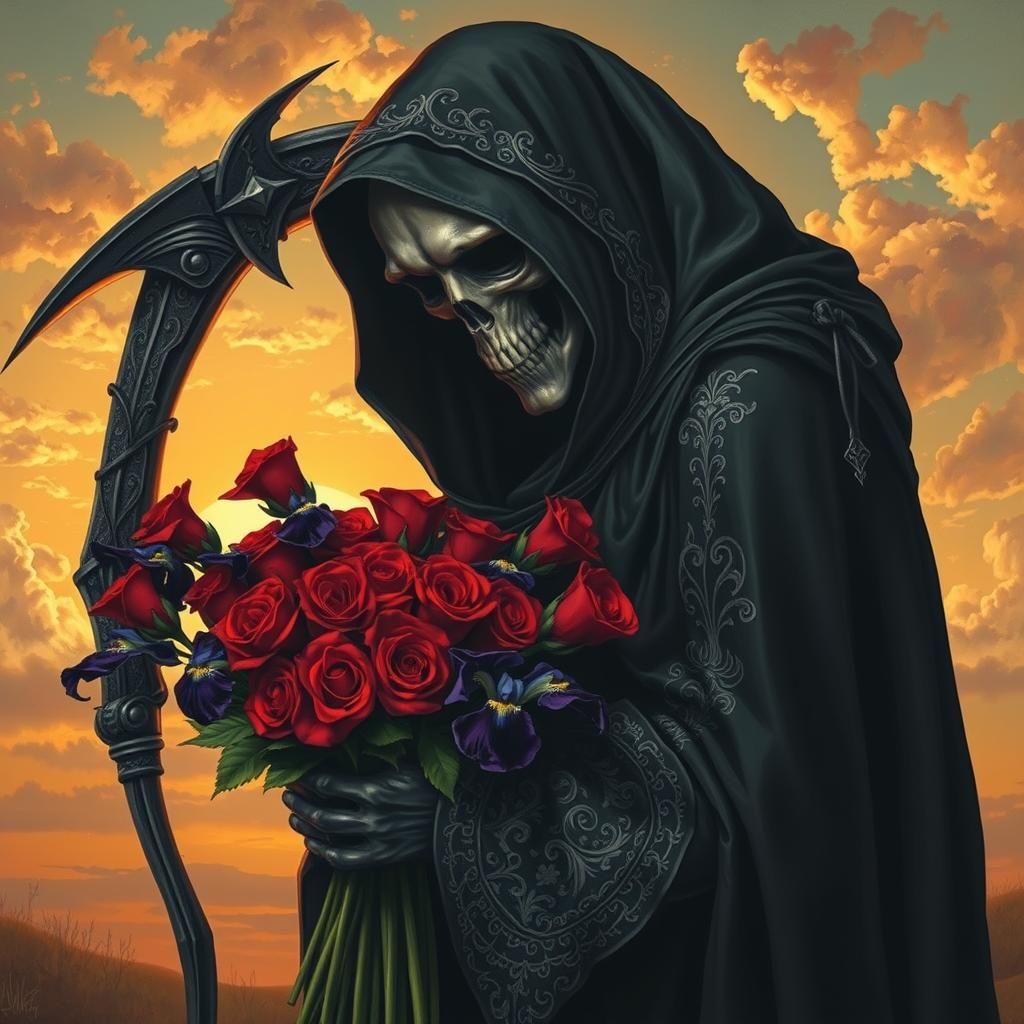 Romantic Grim Reaper with Flowers Painting
