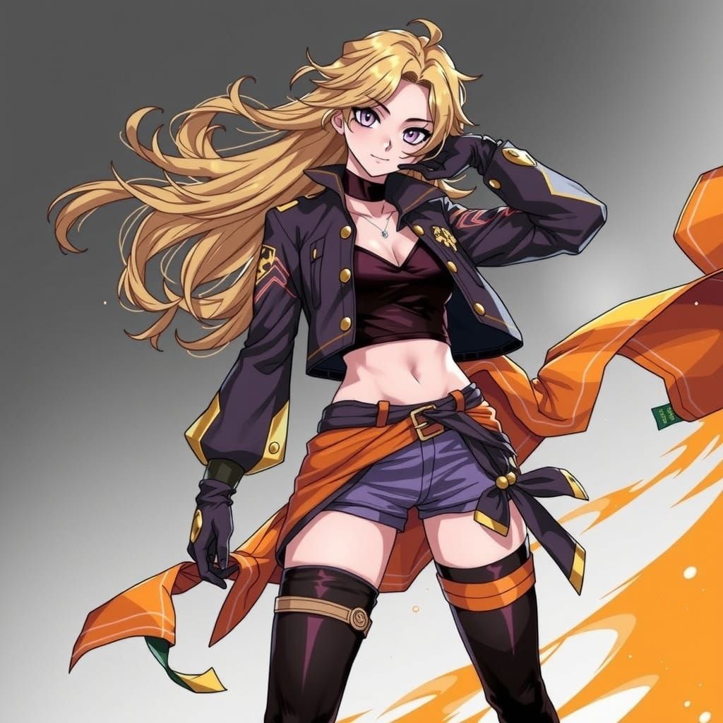 Tall Anime Heroine in Golden Hair and Tan Jacket