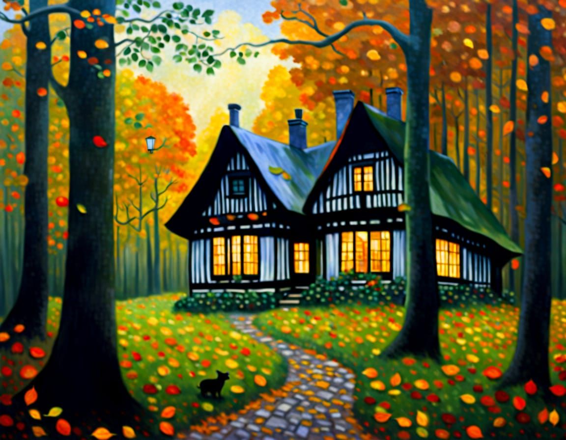 Autumn Cottage in Forest Landscape