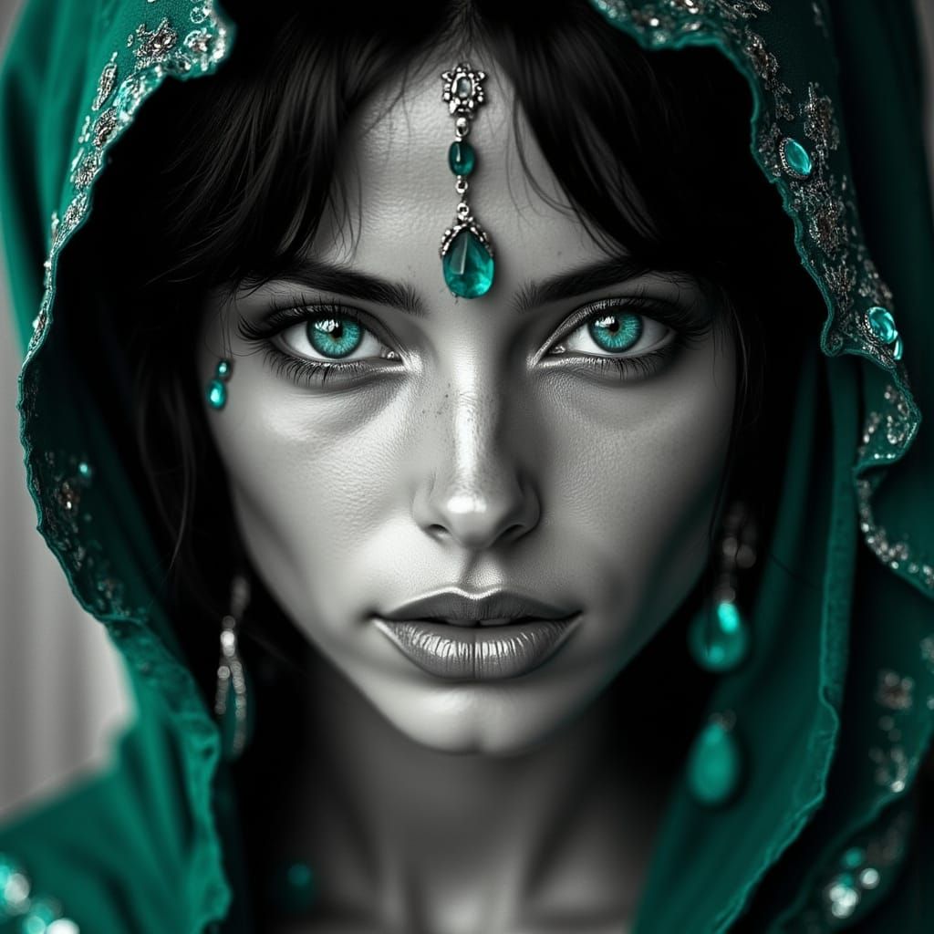 High-Contrast Black and White Portrait with Turquoise Accent...