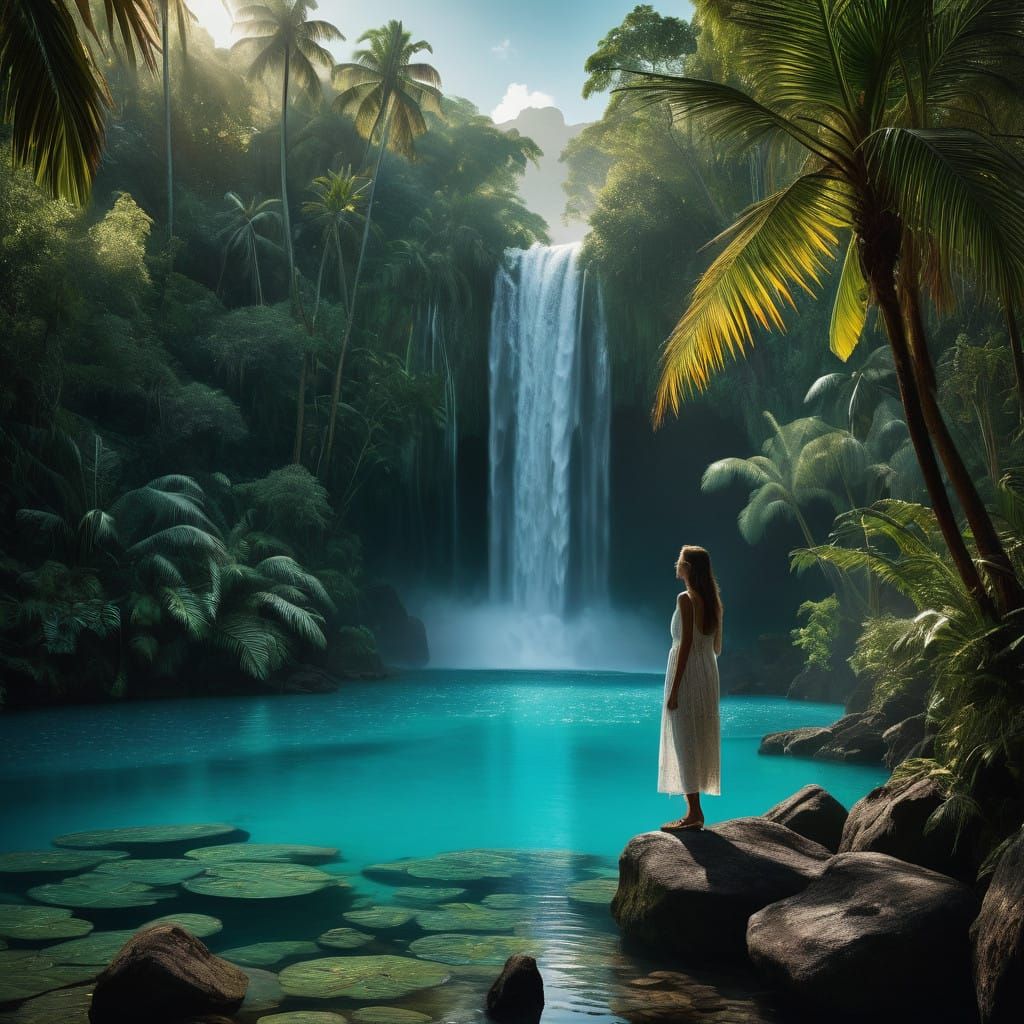 Ethereal Woman Contemplates Turquoise Lagoon Amidst Tropical...