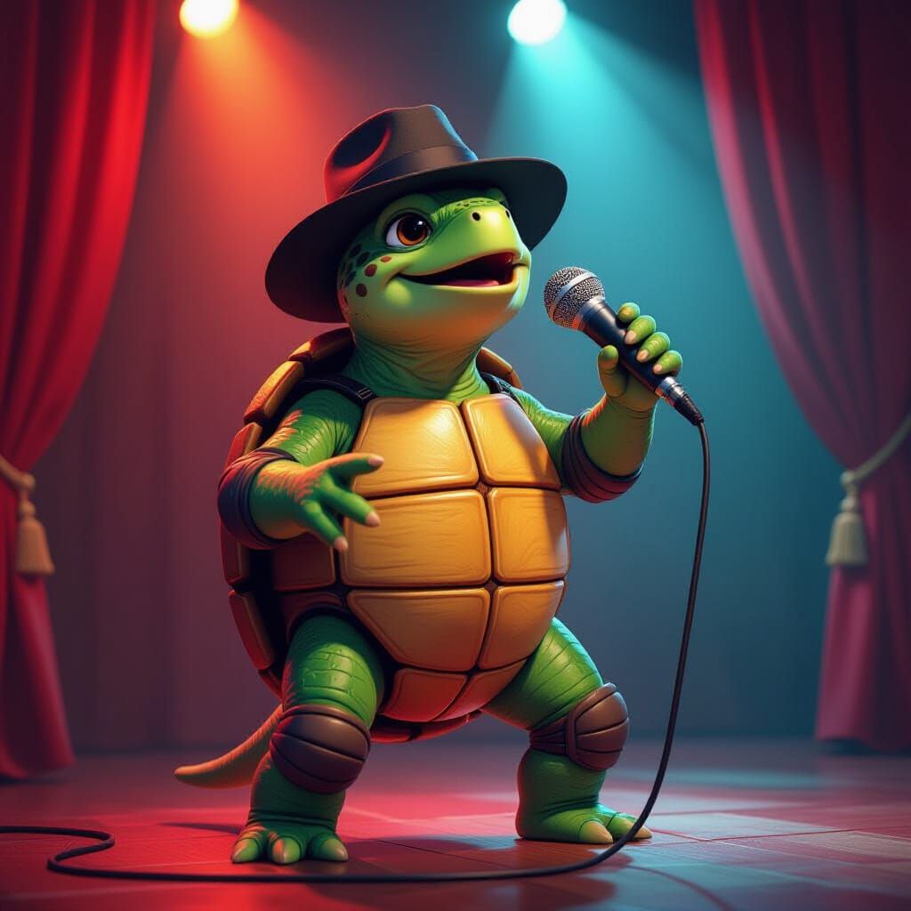 Singing Turtle in Fedora on Stage