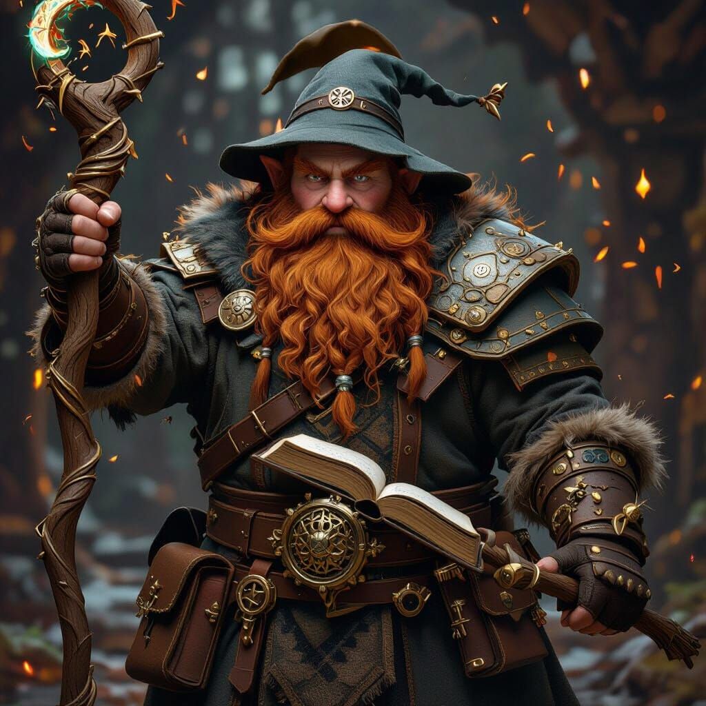 Dwarf Wizard with Staff and Book in Mystical Aura
