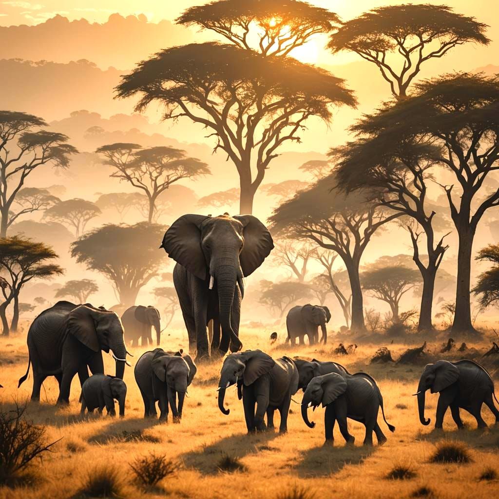 Elephants at Sunrise in African Savannah