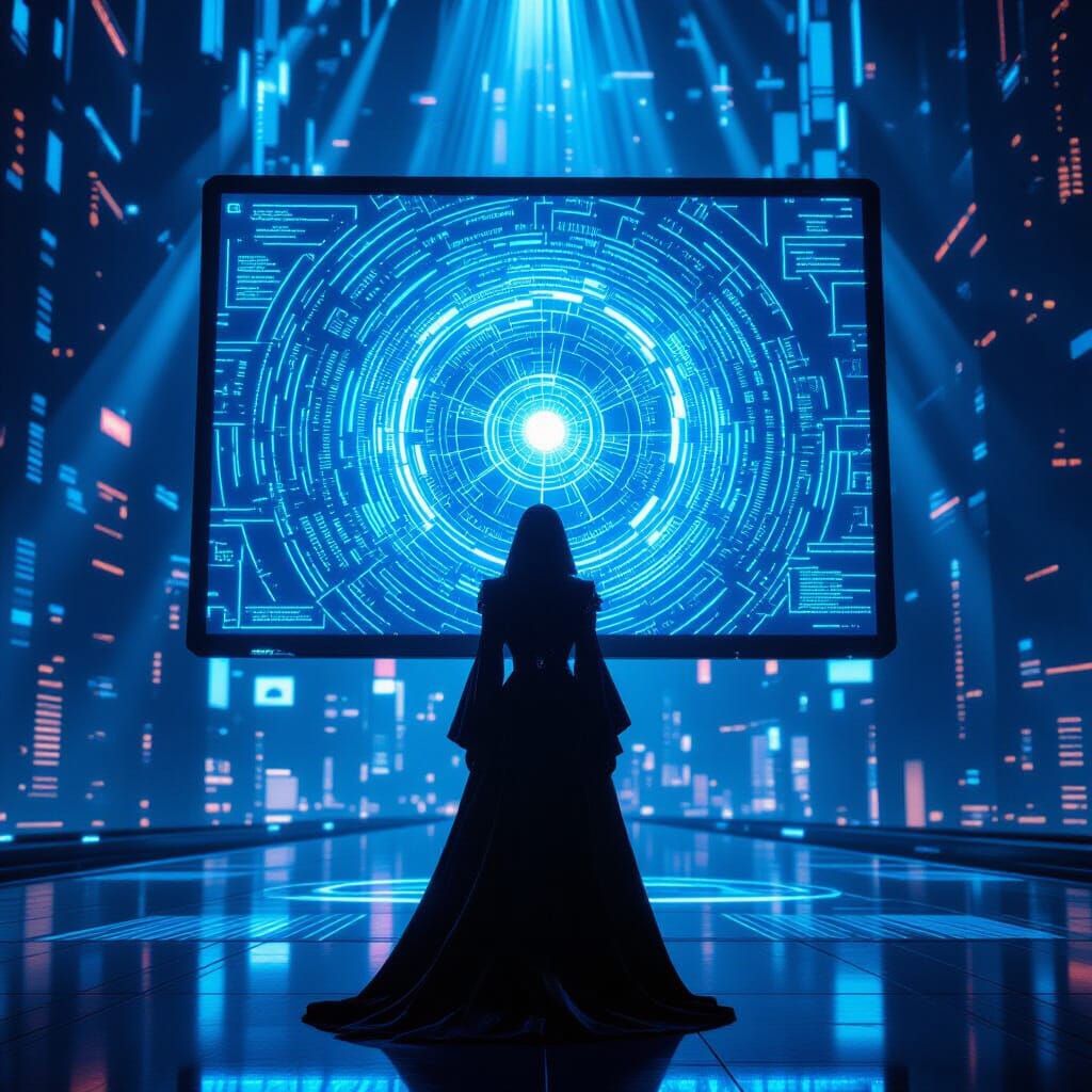 Futuristic Woman in Tech Fashion Before Holographic Code Scr...