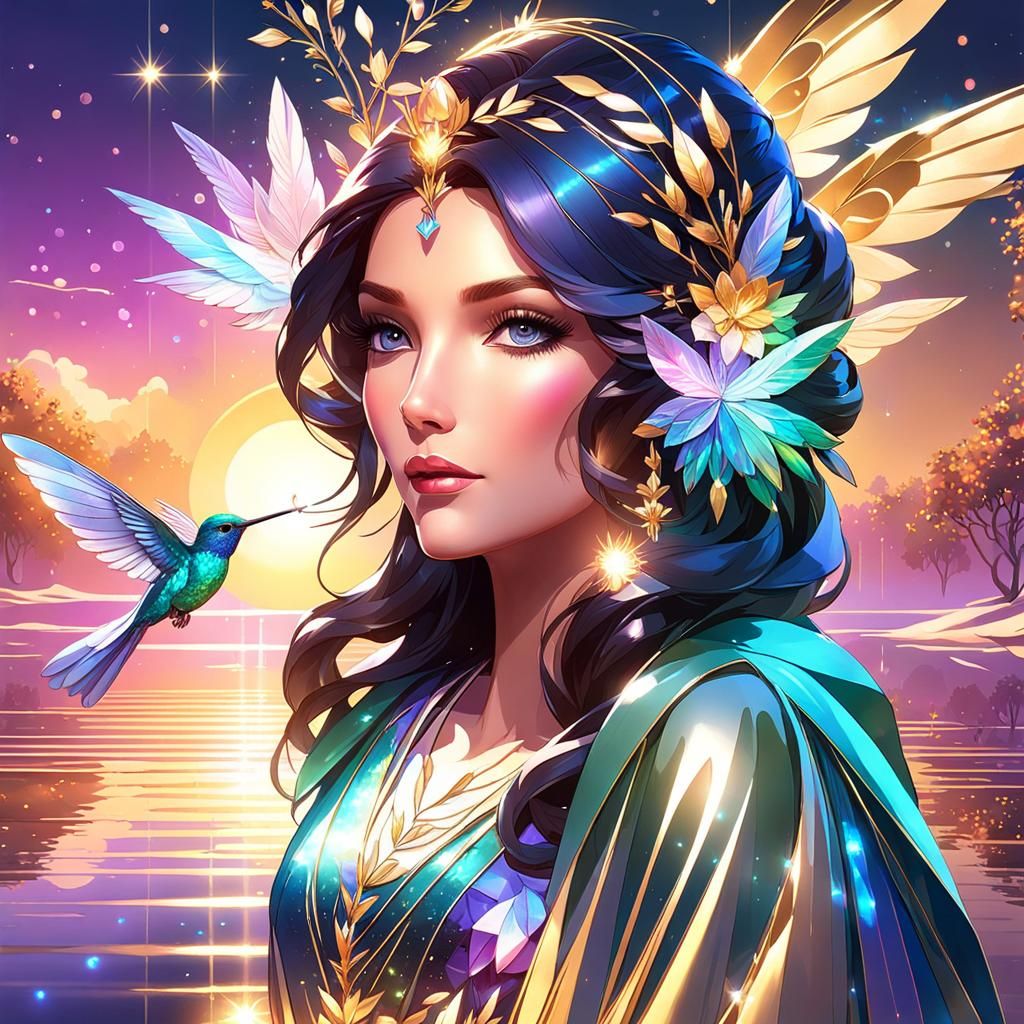 Iridescent Hummingbird on Branch, Watercolor Style