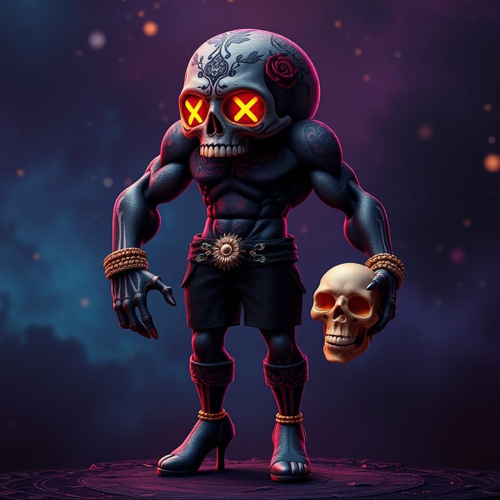 Muscular Sugar Skull Character with Floral Tattoos