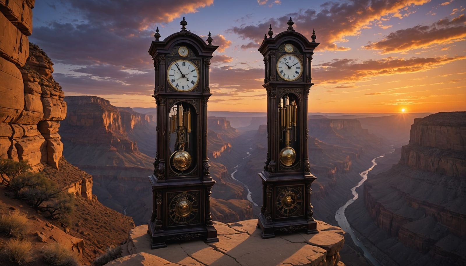Weathered Grandfather Clock on Canyon Ledge at Sunset