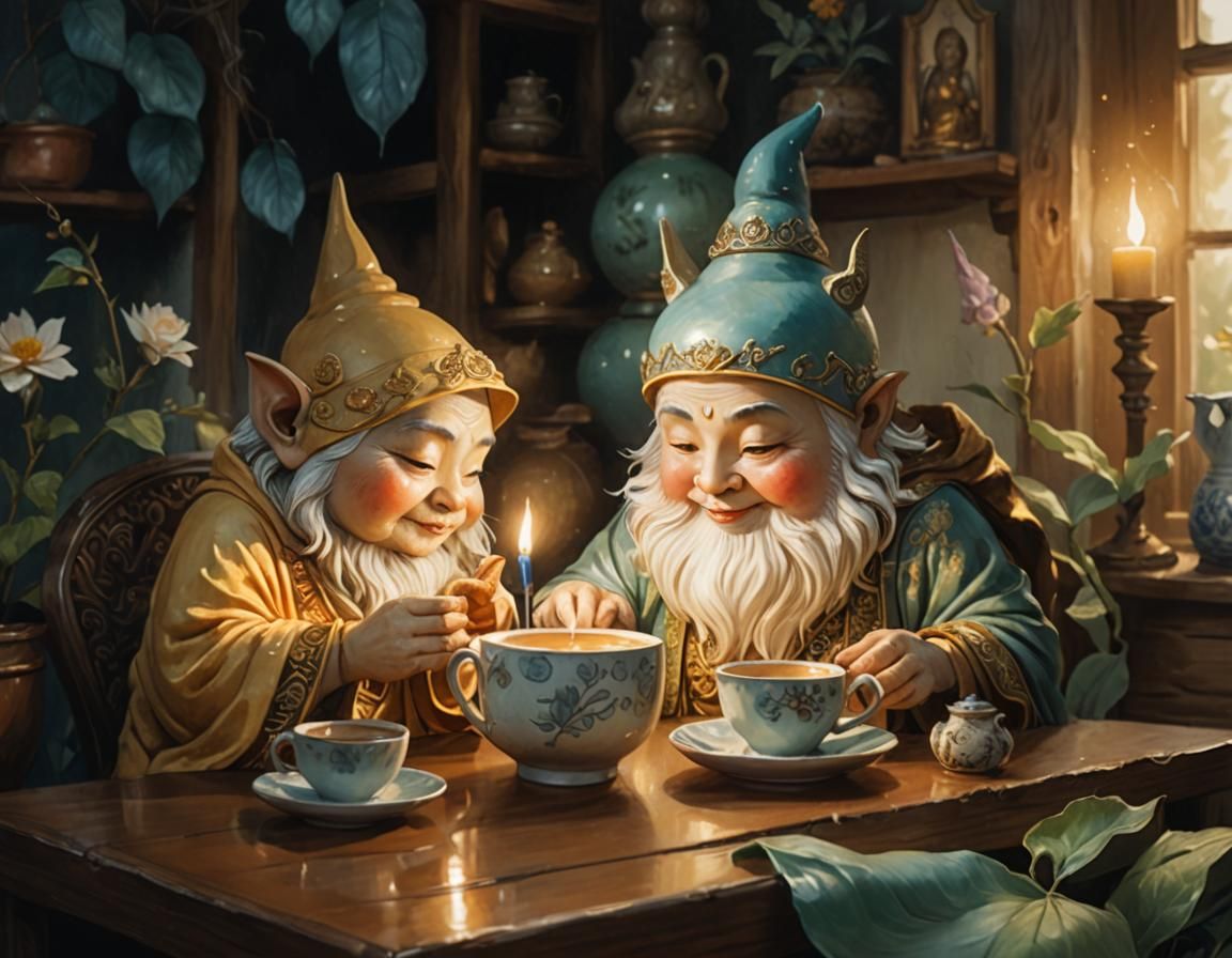 Gnomes and Cat Goddess Tea Party in Watercolor