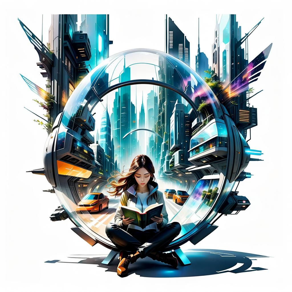 Girl Reads in Spaceship Flying Through Future City