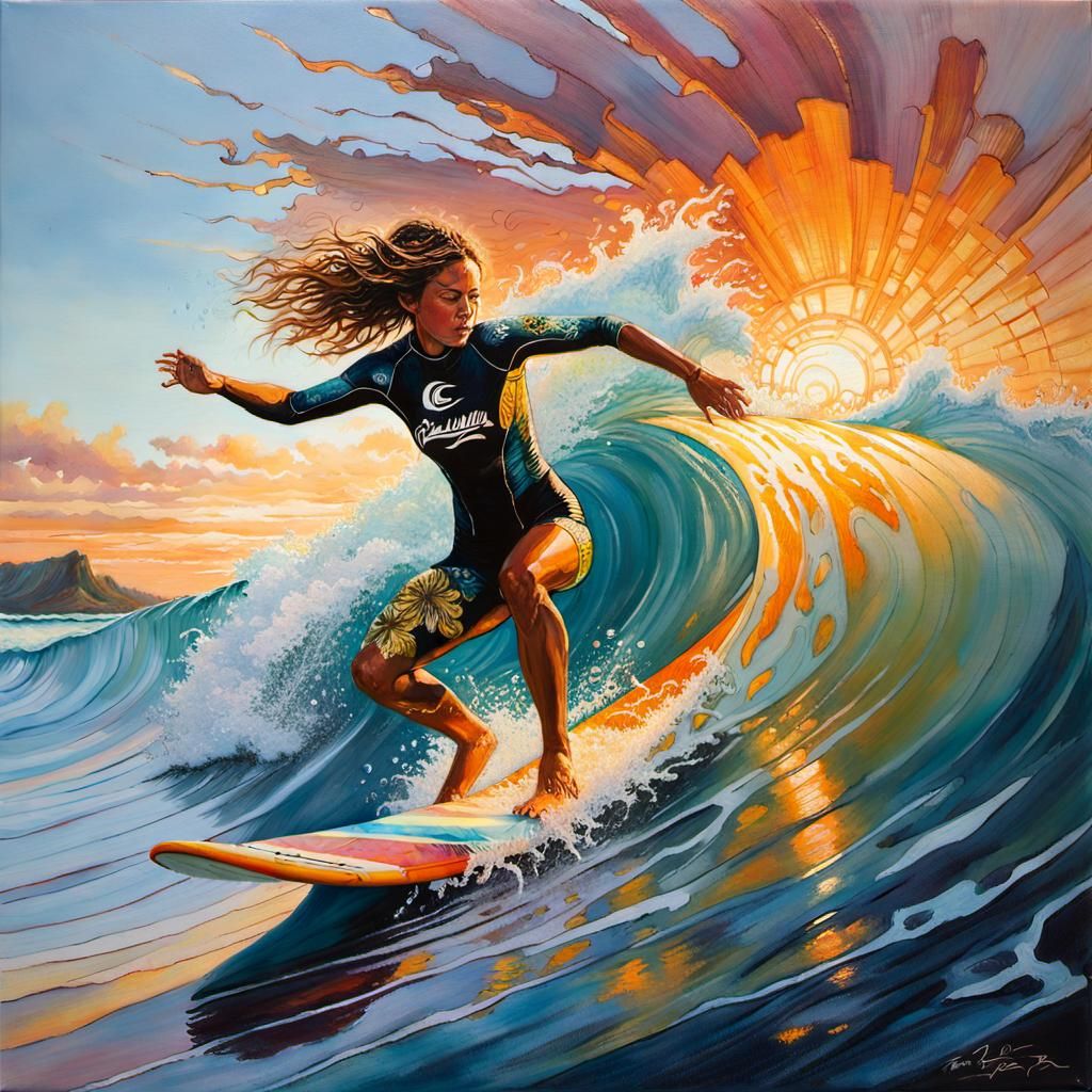 Hawaiian Surfer Rides Giant Waves: Oil Painting
