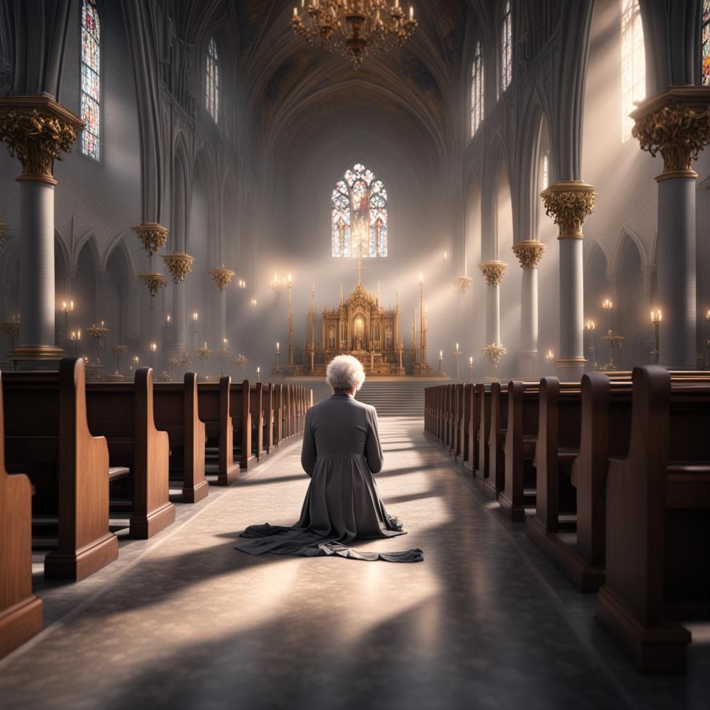 Older Woman Praying in Church: Digital Matte Painting