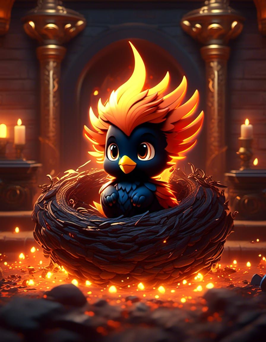 Cute, chibi baby phoenix sitting in a nest made of smoldering coals in a castle fireplace. Jim Davis warm colors gothic ...