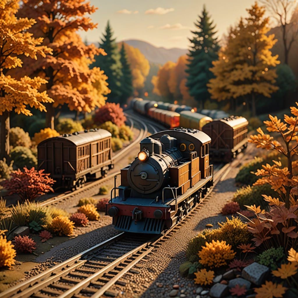 Miniature Autumnal Freight Train in Golden Hour Light