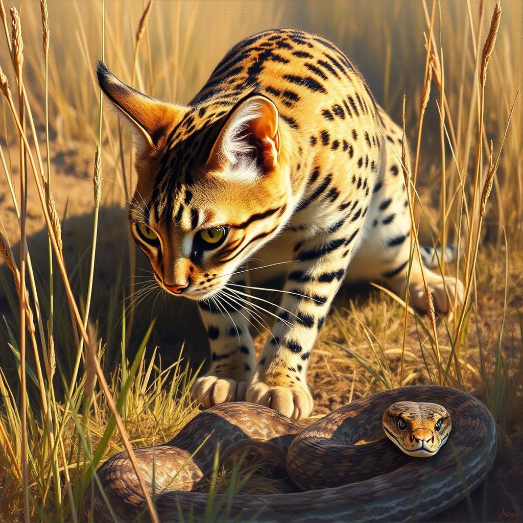 Savannah Cat Hunting Snake in Grassy Savannah