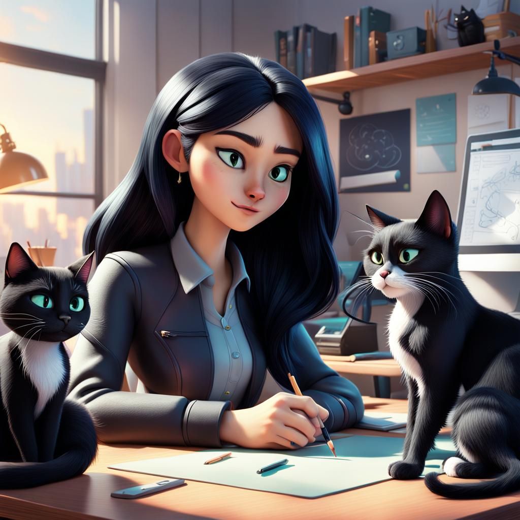 Girl Working at Desk Accompanied by Cats