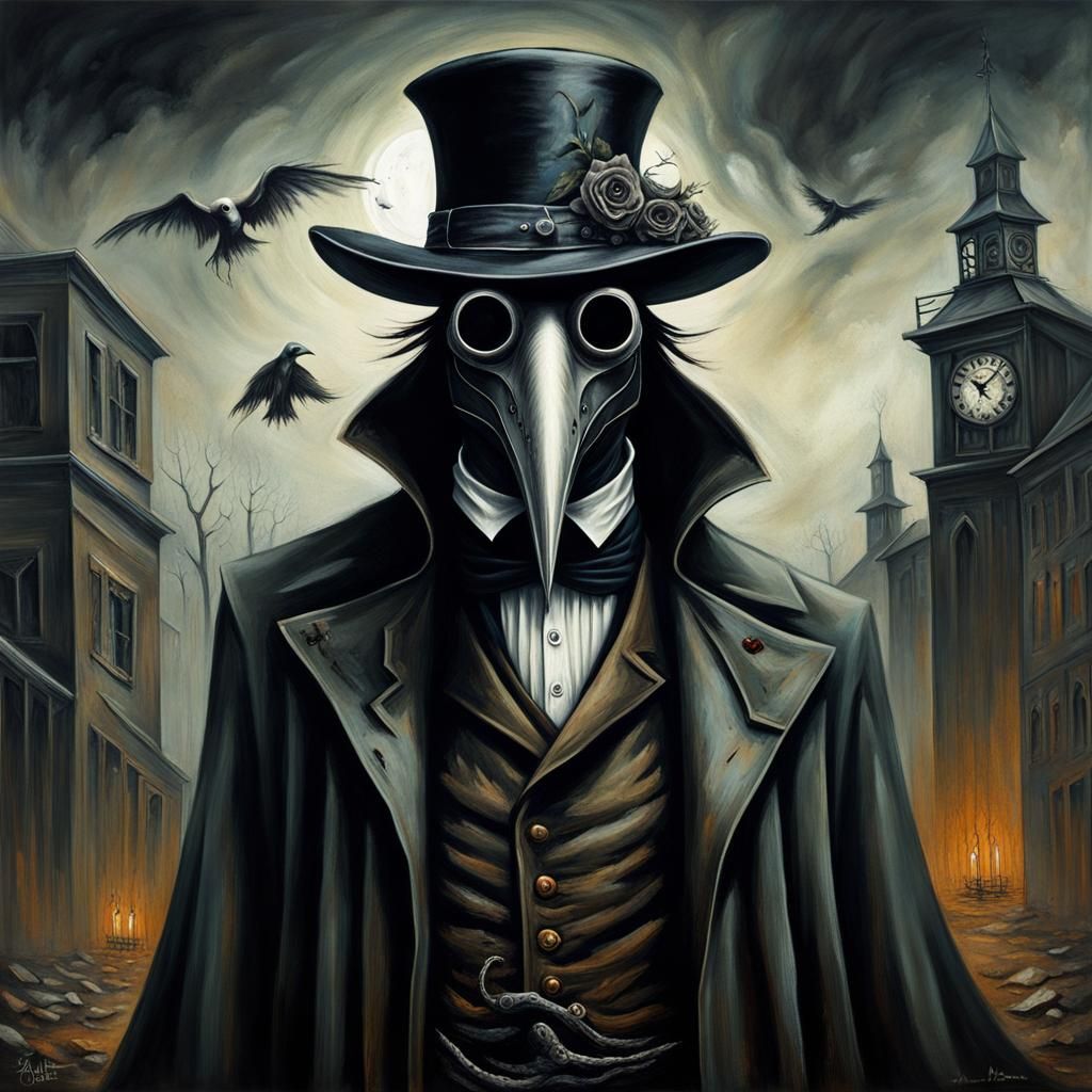 Eerie Plague Doctor in Top Hat: Surreal Horror Art