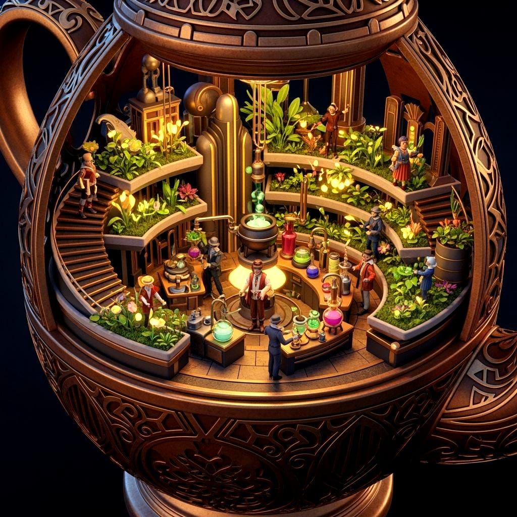 Miniature Kingdom Inside Teapot, Art Deco Painting