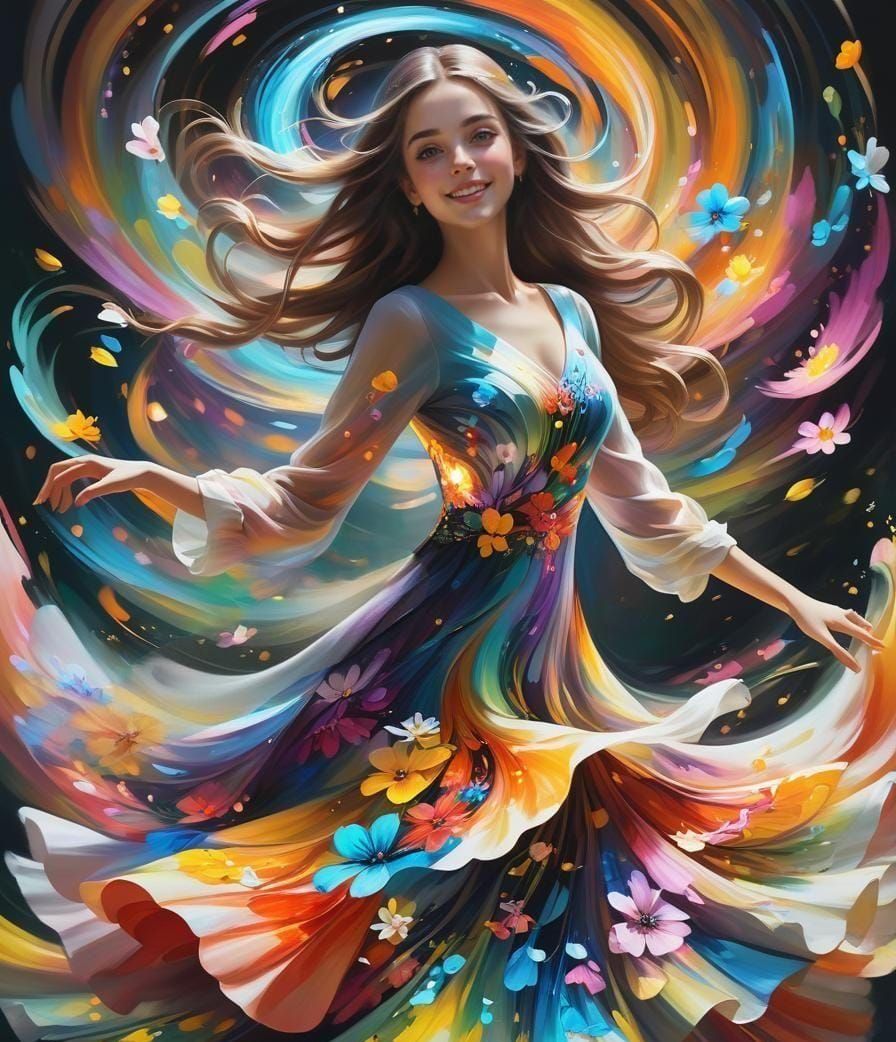 Whirling Girl in Colorful Flower Whirl